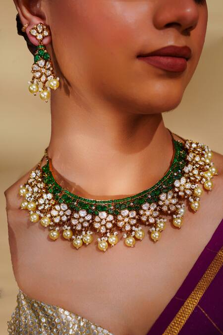 Buy_Zevar By Geeta_Gold Plated Pearls, Stones Moissanite Necklace And Earring Set _Online_at_Aza_Fashions