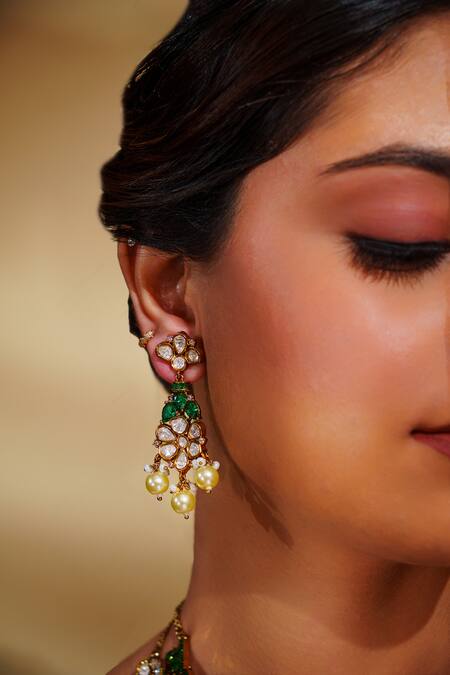 Shop_Zevar By Geeta_Gold Plated Pearls, Stones Moissanite Necklace And Earring Set _Online_at_Aza_Fashions