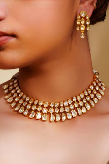 Buy_Zevar By Geeta_Gold Plated Stones Moissanite Jewellery Set _Online_at_Aza_Fashions