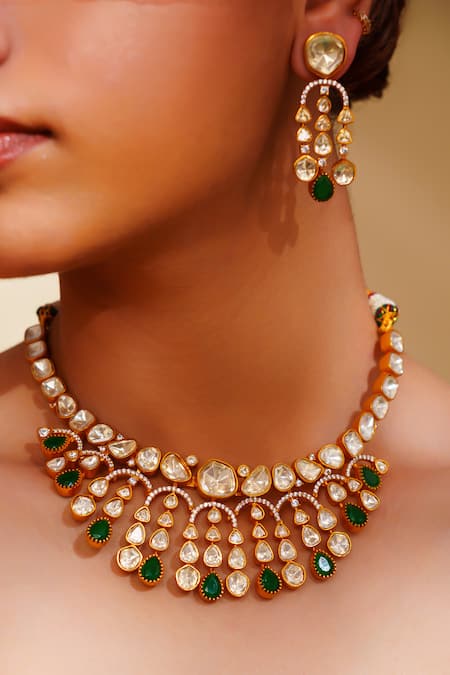 Buy_Zevar By Geeta_Gold Plated Contemporary Moissanite Jewellery Set _Online_at_Aza_Fashions