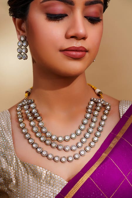 Zevar By Geeta_Gold Plated Stones Three-line Kundan Necklace Set _Online_at_Aza_Fashions