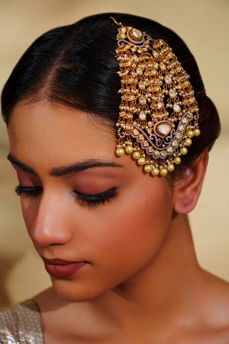 Zevar By Geeta_Gold Plated Kundan Polki Passa With Pearls _Online_at_Aza_Fashions