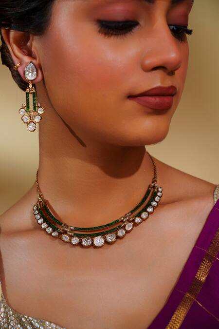 Zevar By Geeta_Gold Plated Imitation Diamonds Moissanite Necklace And Earring Set _Online_at_Aza_Fashions