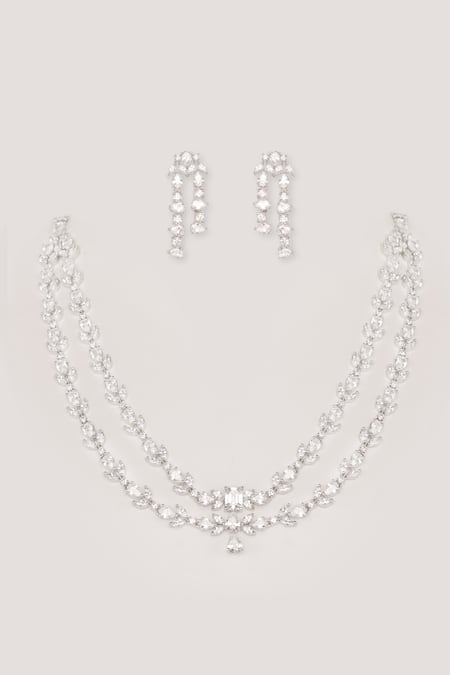 Shop Zevar By Geeta White Stones Diamond Necklace Set With Earrings at Aza Fashions Shop_Zevar By Geeta_White Stones Diamond Necklace Set With Earrings _at_Aza_Fashions
