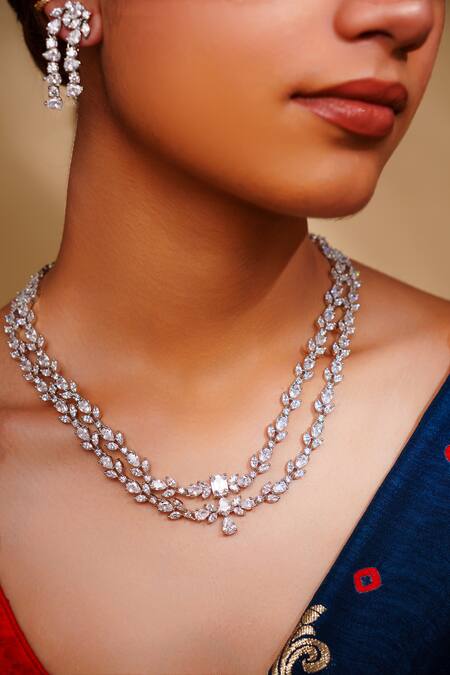 Buy Zevar By Geeta White Stones Diamond Necklace Set With Earrings Online at Aza Fashions Buy_Zevar By Geeta_White Stones Diamond Necklace Set With Earrings _Online_at_Aza_Fashions