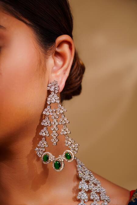 Zevar By Geeta_Green Diamonds, Stones Emerald Necklace And Earring Set _Online_at_Aza_Fashions
