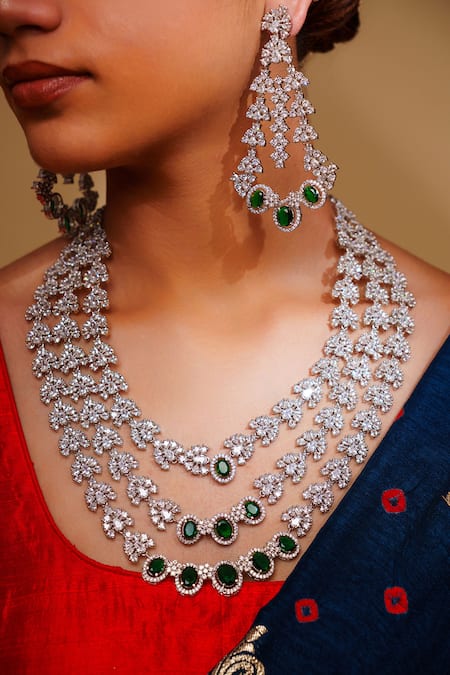 Buy_Zevar By Geeta_Green Diamonds, Stones Emerald Necklace And Earring Set _Online_at_Aza_Fashions