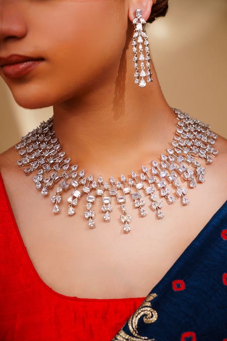 Buy Zevar By Geeta White Imitation Diamonds Contemporary Necklace And Earring Set Online at Aza Fashions Buy_Zevar By Geeta_White Imitation Diamonds Contemporary Necklace And Earring Set _Online_at_Aza_Fashions