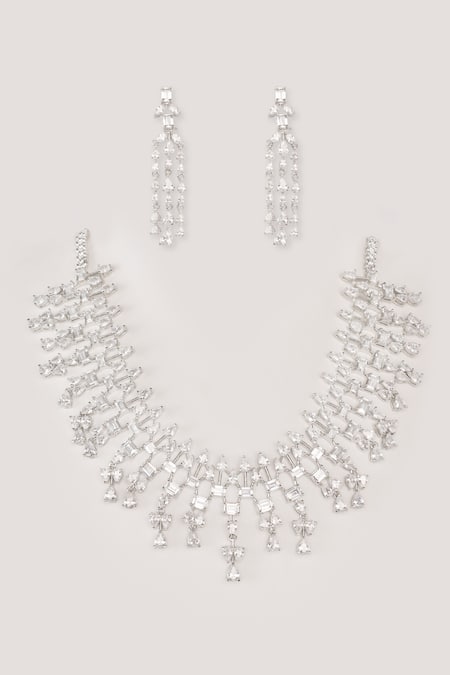 Shop Zevar By Geeta White Imitation Diamonds Contemporary Necklace And Earring Set at Aza Fashions Shop_Zevar By Geeta_White Imitation Diamonds Contemporary Necklace And Earring Set _at_Aza_Fashions