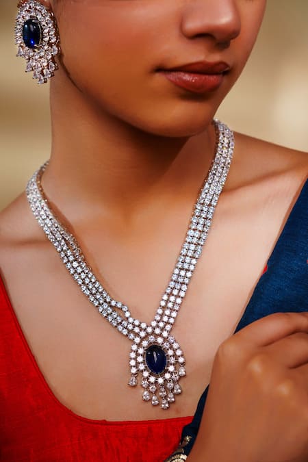 Buy_Zevar By Geeta_White Imitation Diamonds Sapphire Pendant Necklace Set _Online_at_Aza_Fashions