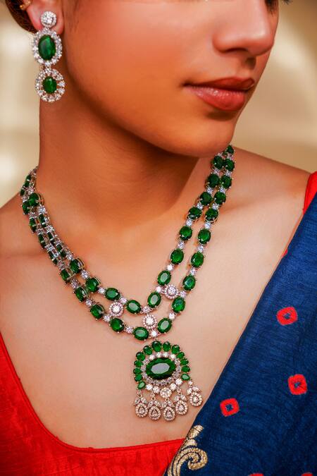 Zevar By Geeta Green Imitation Diamonds Emerald Pendant Necklace Set Online at Aza Fashions Zevar By Geeta_Green Imitation Diamonds Emerald Pendant Necklace Set _Online_at_Aza_Fashions