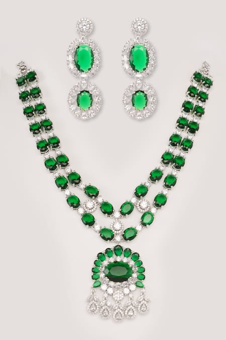 Shop Zevar By Geeta Green Imitation Diamonds Emerald Pendant Necklace Set at Aza Fashions Shop_Zevar By Geeta_Green Imitation Diamonds Emerald Pendant Necklace Set _at_Aza_Fashions