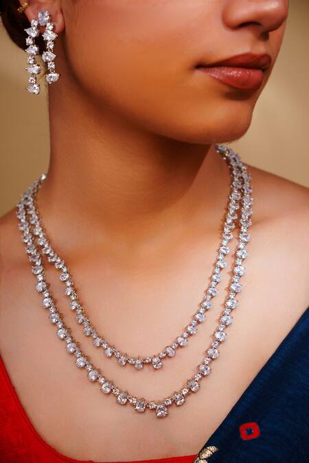 Zevar By Geeta_White Imitation Diamonds Finish Necklace Set _Online_at_Aza_Fashions