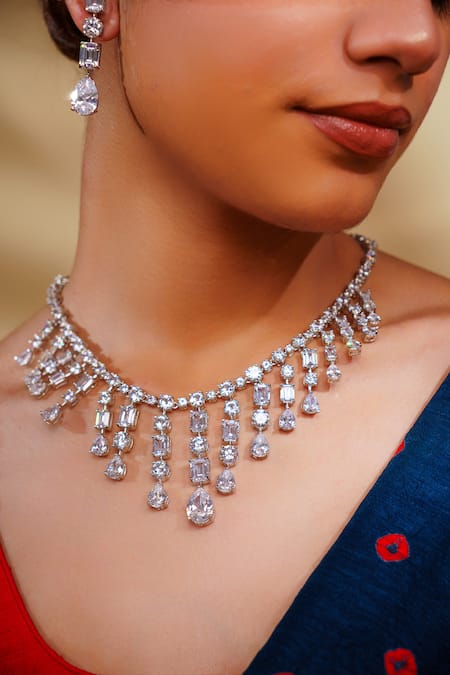 Buy_Zevar By Geeta_White Imitation Diamonds Contemporary Necklace And Earring Set _Online_at_Aza_Fashions