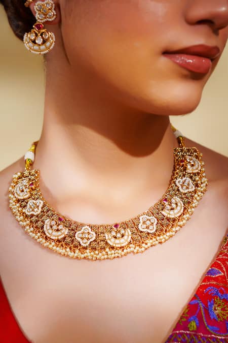Buy_Zevar By Geeta_Gold Plated Imitation Diamonds Kundan Polki Necklace Set _Online_at_Aza_Fashions