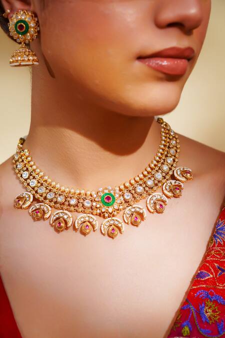 Buy_Zevar By Geeta_Gold Plated Stones Kundan Polki Necklace And Earring Set _Online_at_Aza_Fashions