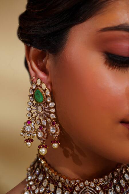 Zevar By Geeta_Gold Plated Diamonds, Pearls Dramatic Kundan Necklace Set _Online_at_Aza_Fashions