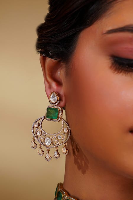 Zevar By Geeta_Green Crystals, Stones Kundan Polki Necklace Set With Earrings And Maangtikka _Online_at_Aza_Fashions