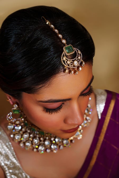 Buy_Zevar By Geeta_Green Crystals, Stones Kundan Polki Necklace Set With Earrings And Maangtikka _Online_at_Aza_Fashions