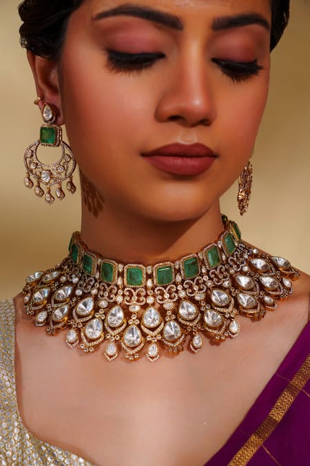 Shop_Zevar By Geeta_Green Crystals, Stones Kundan Polki Necklace Set With Earrings And Maangtikka _Online_at_Aza_Fashions