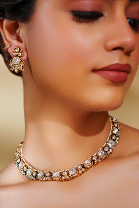Buy_Zevar By Geeta_Gold Plated Kundan Polki Two Tone Necklace Set_Online_at_Aza_Fashions
