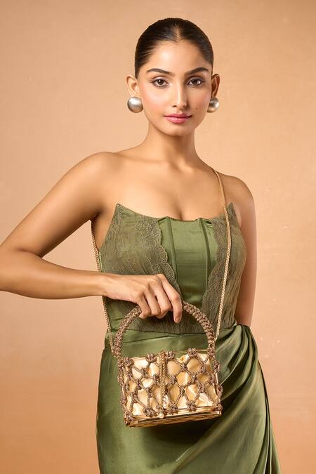 Buy Nazaakat By Samara Singh Gold Beads Ruby Bucket Bag Online at Aza Fashions Buy_Nazaakat By Samara Singh_Gold Beads Ruby Bucket Bag _Online_at_Aza_Fashions