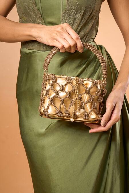 Nazaakat By Samara Singh Gold Beads Ruby Bucket Bag at Aza Fashions Nazaakat By Samara Singh_Gold Beads Ruby Bucket Bag _at_Aza_Fashions