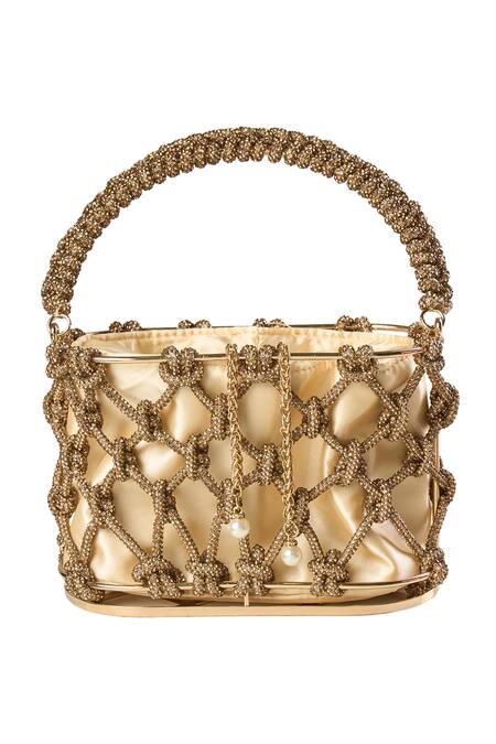 Shop Nazaakat By Samara Singh Gold Beads Ruby Bucket Bag at Aza Fashions Shop_Nazaakat By Samara Singh_Gold Beads Ruby Bucket Bag _at_Aza_Fashions