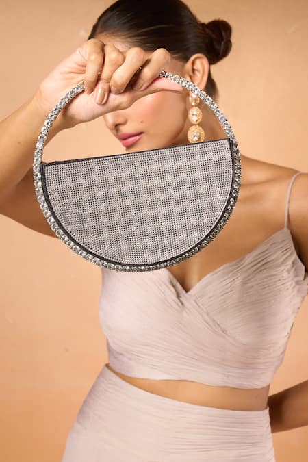 Nazaakat By Samara Singh Silver Rhinestones Glitter Circle Handbag Online at Aza Fashions Nazaakat By Samara Singh_Silver Rhinestones Glitter Circle Handbag _Online_at_Aza_Fashions