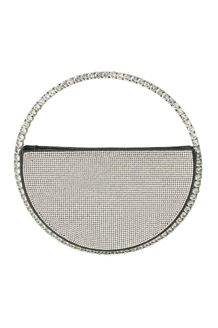 Shop Nazaakat By Samara Singh Silver Rhinestones Glitter Circle Handbag at Aza Fashions Shop_Nazaakat By Samara Singh_Silver Rhinestones Glitter Circle Handbag _at_Aza_Fashions