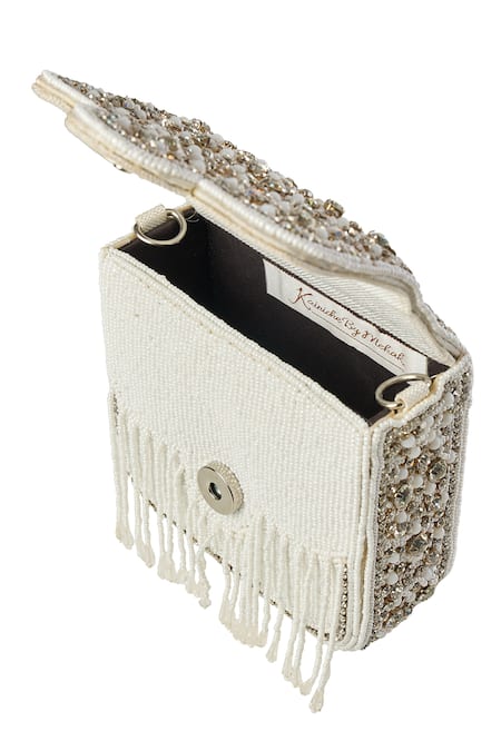 Samyukta Singhania_White Beads, Fringe, Embroidery Embellished Mini Jasmin Handbag _Online_at_Aza_Fashions