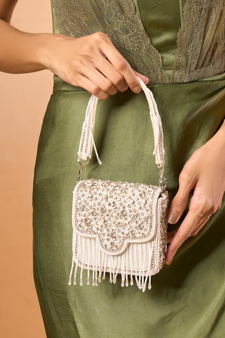 Buy_Samyukta Singhania_White Beads, Fringe, Embroidery Embellished Mini Jasmin Handbag _Online_at_Aza_Fashions