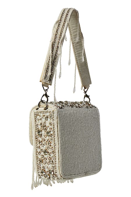Shop_Samyukta Singhania_White Beads, Fringe, Embroidery Embellished Mini Jasmin Handbag _Online_at_Aza_Fashions
