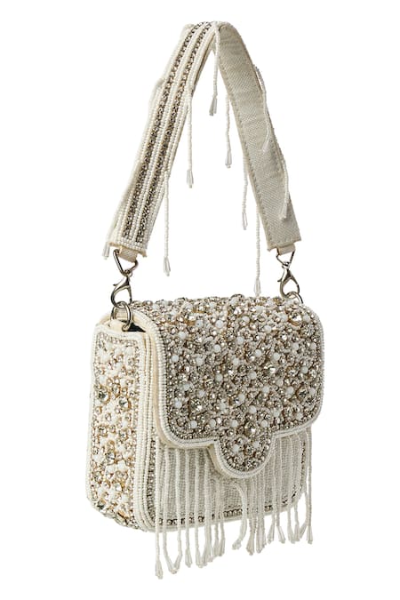 Samyukta Singhania_White Beads, Fringe, Embroidery Embellished Mini Jasmin Handbag _at_Aza_Fashions