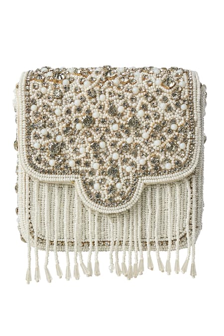 Buy_Samyukta Singhania_White Beads, Fringe, Embroidery Embellished Mini Jasmin Handbag 