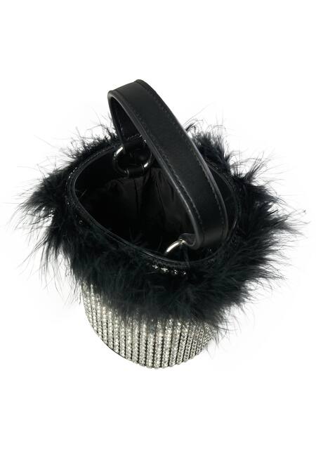Nazaakat By Samara Singh Black Rhinestones Fur Trim Crystal Handbag Online at Aza Fashions Nazaakat By Samara Singh_Black Rhinestones Fur Trim Crystal Handbag_Online_at_Aza_Fashions