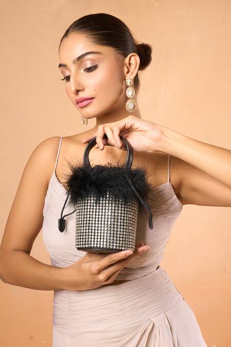 Shop Nazaakat By Samara Singh Black Rhinestones Fur Trim Crystal Handbag Online at Aza Fashions Shop_Nazaakat By Samara Singh_Black Rhinestones Fur Trim Crystal Handbag_Online_at_Aza_Fashions