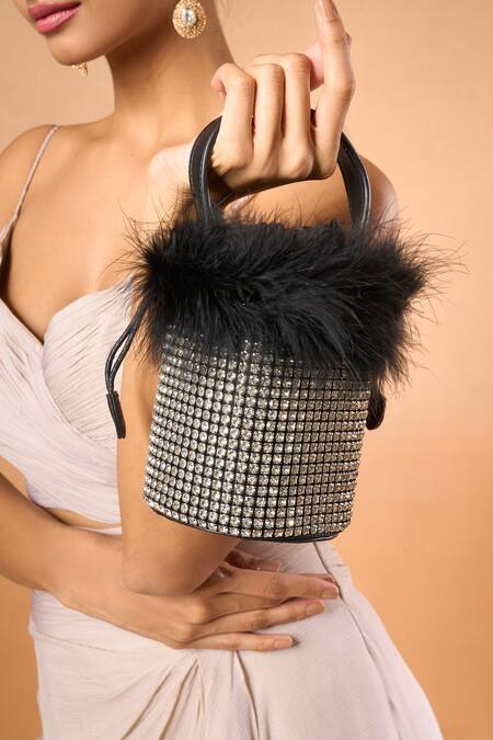 Nazaakat By Samara Singh Black Rhinestones Fur Trim Crystal Handbag at Aza Fashions Nazaakat By Samara Singh_Black Rhinestones Fur Trim Crystal Handbag_at_Aza_Fashions