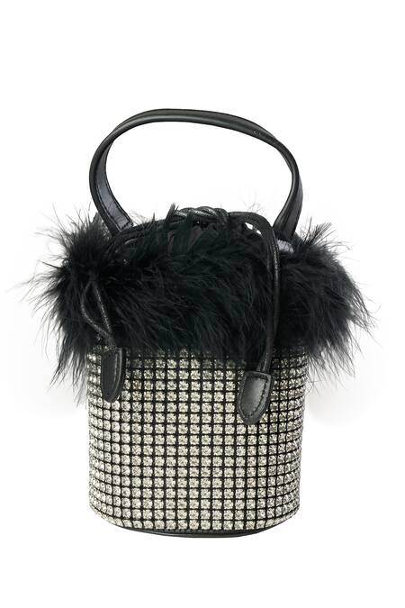 Buy Nazaakat By Samara Singh Black Rhinestones Fur Trim Crystal Handbag Buy_Nazaakat By Samara Singh_Black Rhinestones Fur Trim Crystal Handbag