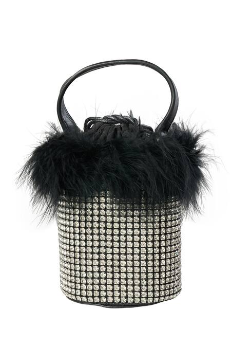 Shop Nazaakat By Samara Singh Black Rhinestones Fur Trim Crystal Handbag at Aza Fashions Shop_Nazaakat By Samara Singh_Black Rhinestones Fur Trim Crystal Handbag_at_Aza_Fashions