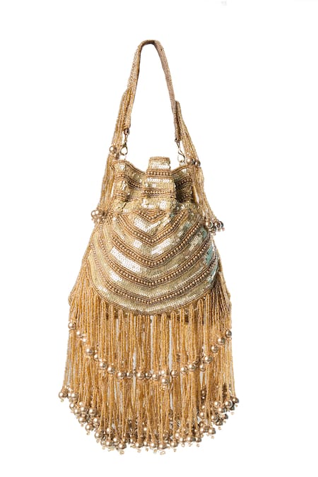 Nazaakat By Samara Singh Gold Fringe, Pearls Rimjhim Potli Bag With Online at Aza Fashions Nazaakat By Samara Singh_Gold Fringe, Pearls Rimjhim Potli Bag With _Online_at_Aza_Fashions
