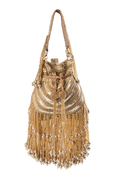 Shop Nazaakat By Samara Singh Gold Fringe, Pearls Rimjhim Potli Bag With at Aza Fashions Shop_Nazaakat By Samara Singh_Gold Fringe, Pearls Rimjhim Potli Bag With _at_Aza_Fashions
