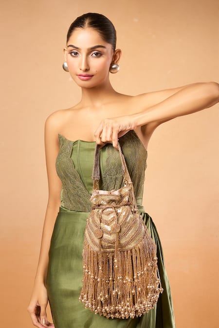 Shop Nazaakat By Samara Singh Gold Fringe, Pearls Rimjhim Potli Bag With Online at Aza Fashions Shop_Nazaakat By Samara Singh_Gold Fringe, Pearls Rimjhim Potli Bag With _Online_at_Aza_Fashions