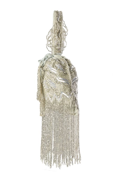 Nazaakat By Samara Singh Silver Fringe, Sequins Detail Zoya Potli Bag Online at Aza Fashions Nazaakat By Samara Singh_Silver Fringe, Sequins Detail Zoya Potli Bag _Online_at_Aza_Fashions