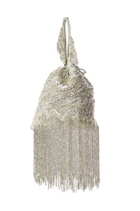Shop Nazaakat By Samara Singh Silver Fringe, Sequins Detail Zoya Potli Bag at Aza Fashions Shop_Nazaakat By Samara Singh_Silver Fringe, Sequins Detail Zoya Potli Bag _at_Aza_Fashions