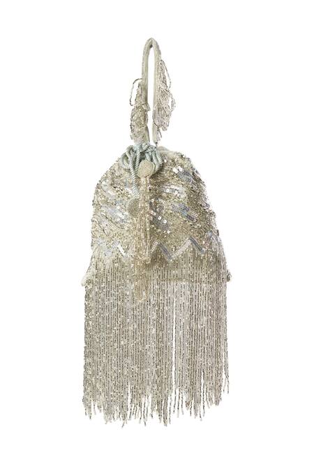 Shop Nazaakat By Samara Singh Silver Fringe, Sequins Detail Zoya Potli Bag Online at Aza Fashions Shop_Nazaakat By Samara Singh_Silver Fringe, Sequins Detail Zoya Potli Bag _Online_at_Aza_Fashions