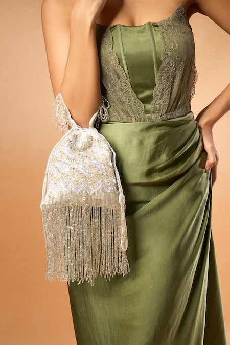Nazaakat By Samara Singh Silver Fringe, Sequins Detail Zoya Potli Bag at Aza Fashions Nazaakat By Samara Singh_Silver Fringe, Sequins Detail Zoya Potli Bag _at_Aza_Fashions