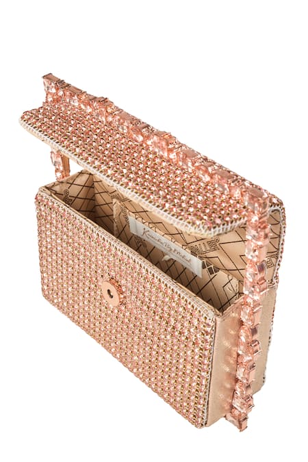 Shop Nazaakat By Samara Singh Rose Gold Rhinestones Embellished Handbag Online at Aza Fashions Shop_Nazaakat By Samara Singh_Rose Gold Rhinestones Embellished Handbag _Online_at_Aza_Fashions