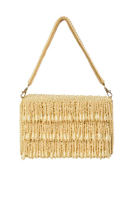 Shop Nazaakat By Samara Singh Gold Pearls, Tassels Studded Rihana Handbag at Aza Fashions Shop_Nazaakat By Samara Singh_Gold Pearls, Tassels Studded Rihana Handbag _at_Aza_Fashions