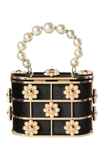 Nazaakat By Samara Singh Black Pearls Velvet Embellished Handbag at Aza Fashions Nazaakat By Samara Singh_Black Pearls Velvet Embellished Handbag _at_Aza_Fashions